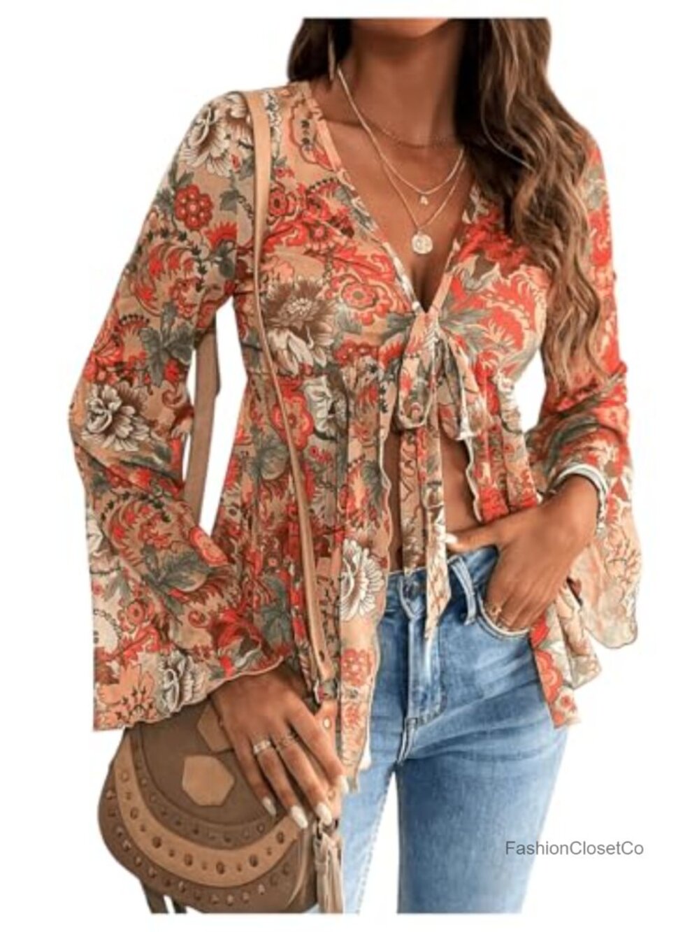 Women's Sheer Mesh V-Neck Bell Sleeve Tie Front Ruffle Peplum Blouse Top